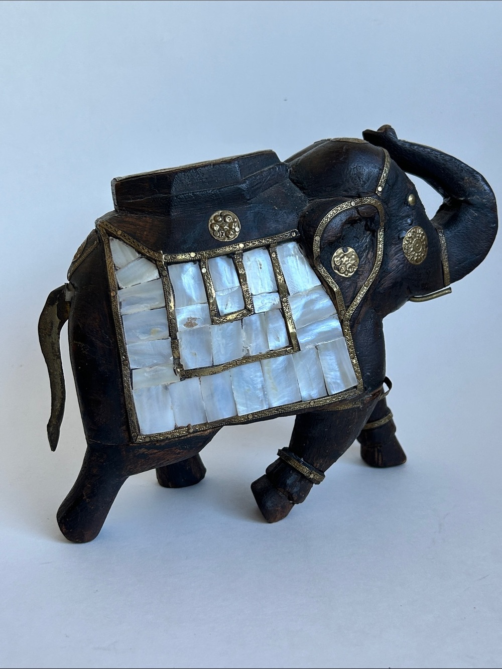 Vintage Decorative Wooden Elephant Figurine Mother-of-Pearl Inlay Brass Trim